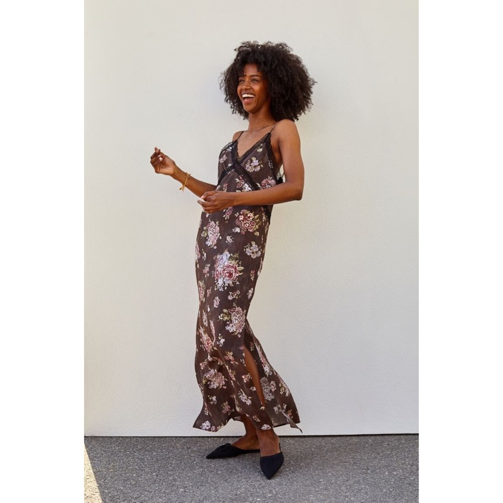 Brock Collection x H&M Floral Lace Trim Slip Maxi Dress XS Brown NWT Cottagecore